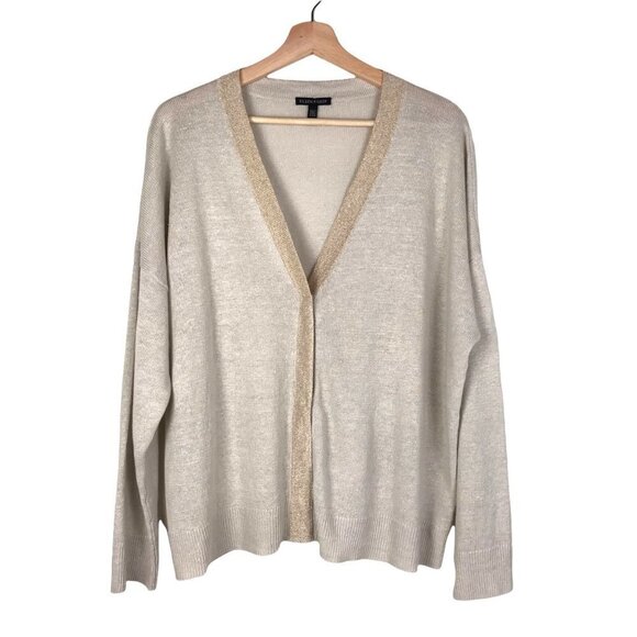 Eileen Fisher Bone Gold Trim Button Front Cardigan  Size X-Large - Picture 2 of 10